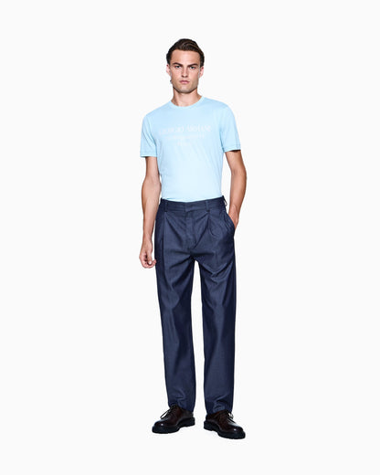 Single-pleat trousers in denim-effect cotton and silk