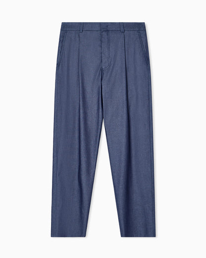Single-pleat trousers in denim-effect cotton and silk