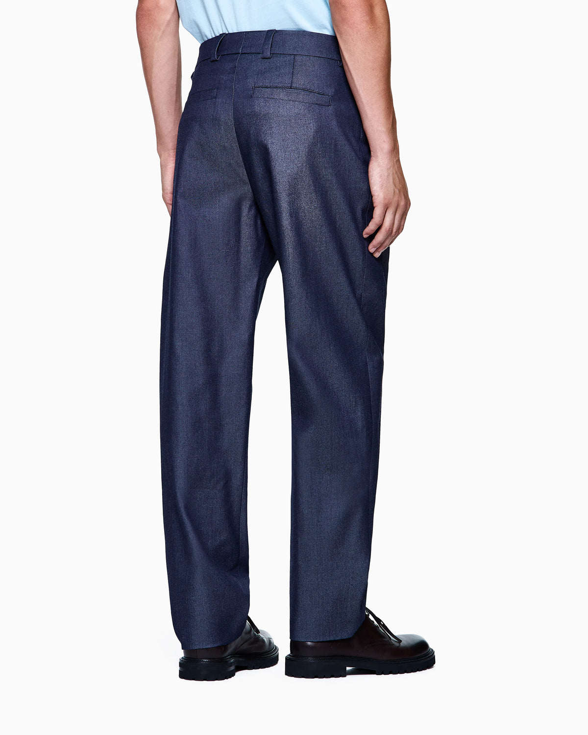 Single-pleat trousers in denim-effect cotton and silk