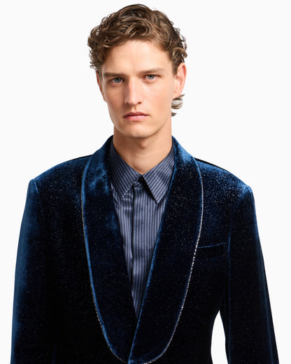 Giorgio’s single-breasted tuxedo jacket in a glitter print velvet