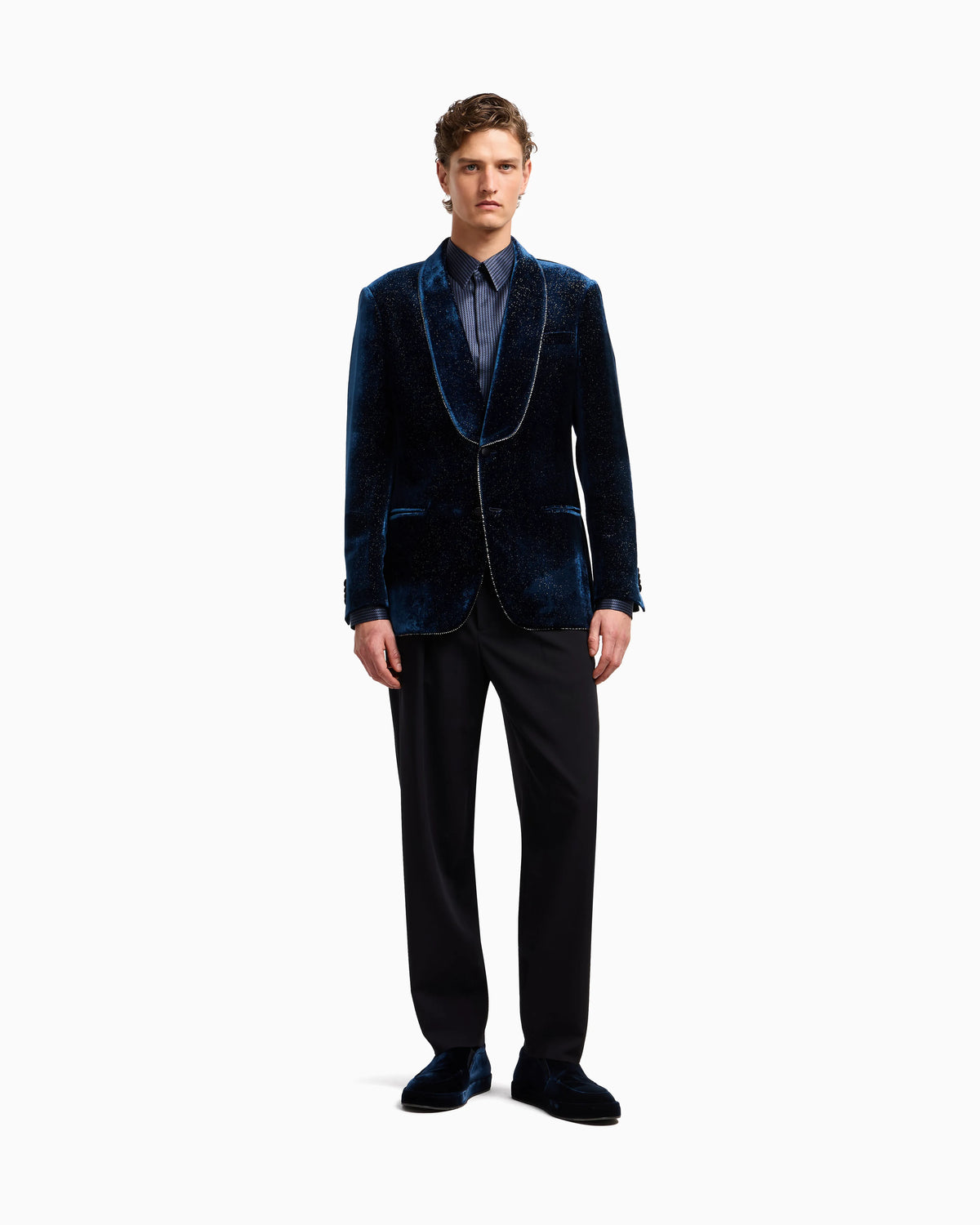 Giorgio’s single-breasted tuxedo jacket in a glitter print velvet