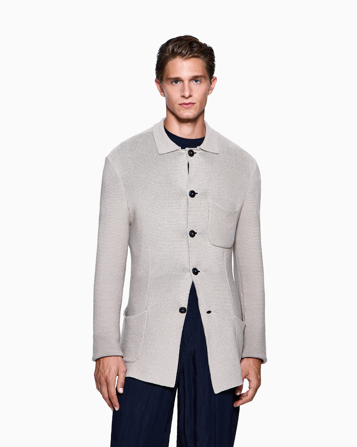 Single-breasted jacket in a links-stitch cotton knit