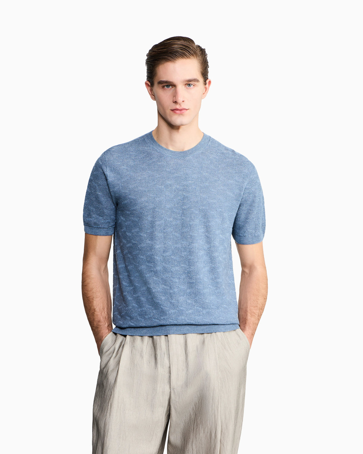 Links-stitch knit crew-neck jumper in cashmere, silk and hemp