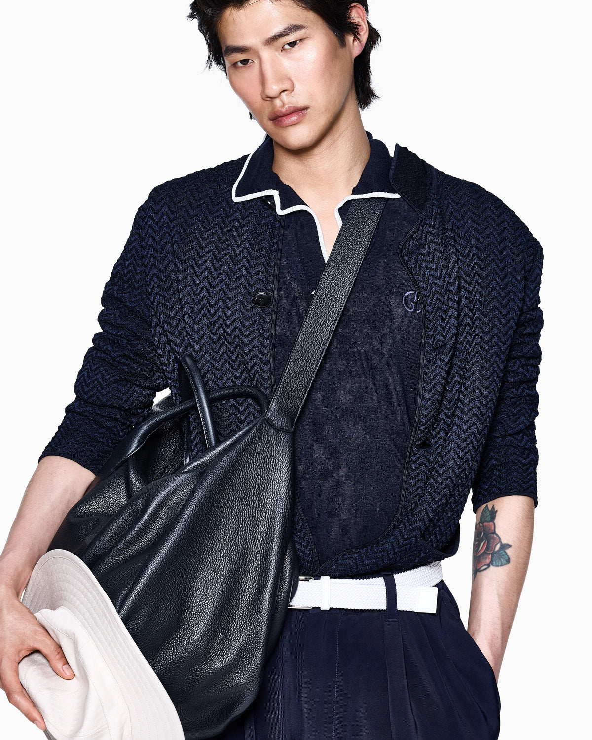Linen and silk blend knit polo shirt