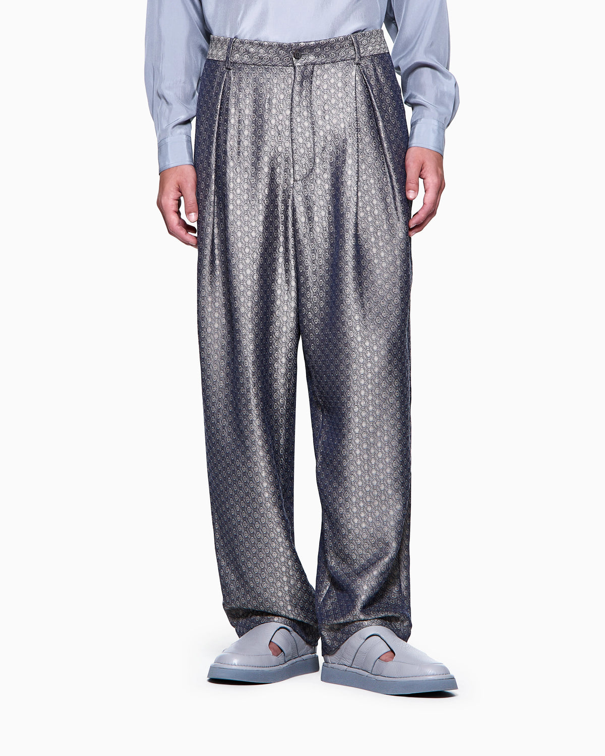Jacquard viscose, silk and linen single-pleat trousers
