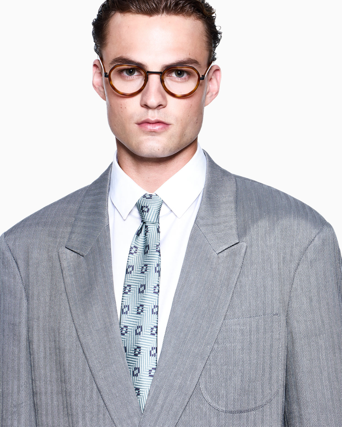 Double-breasted jacket in a viscose, linen and silk chevron
