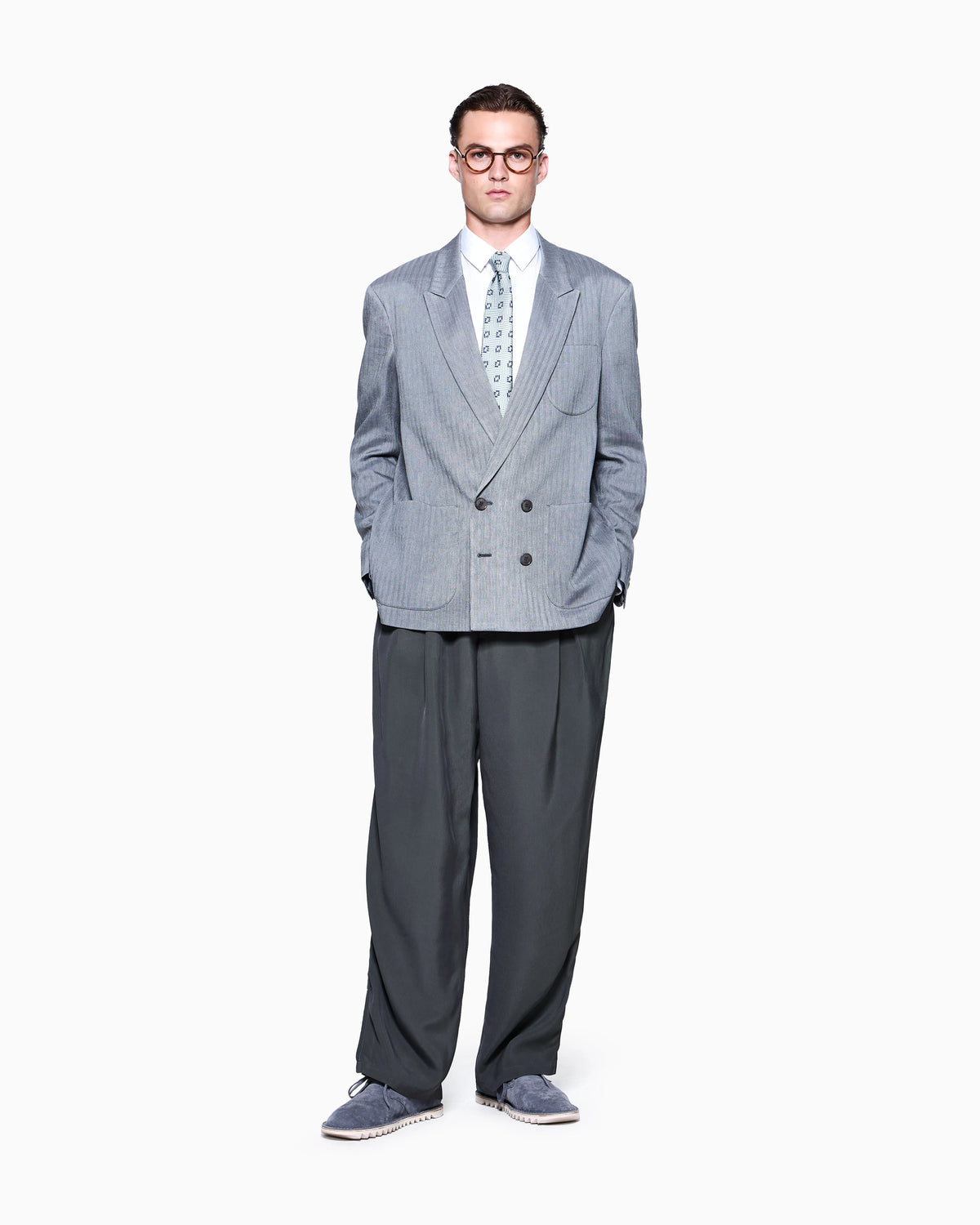 Double-breasted jacket in a viscose, linen and silk chevron