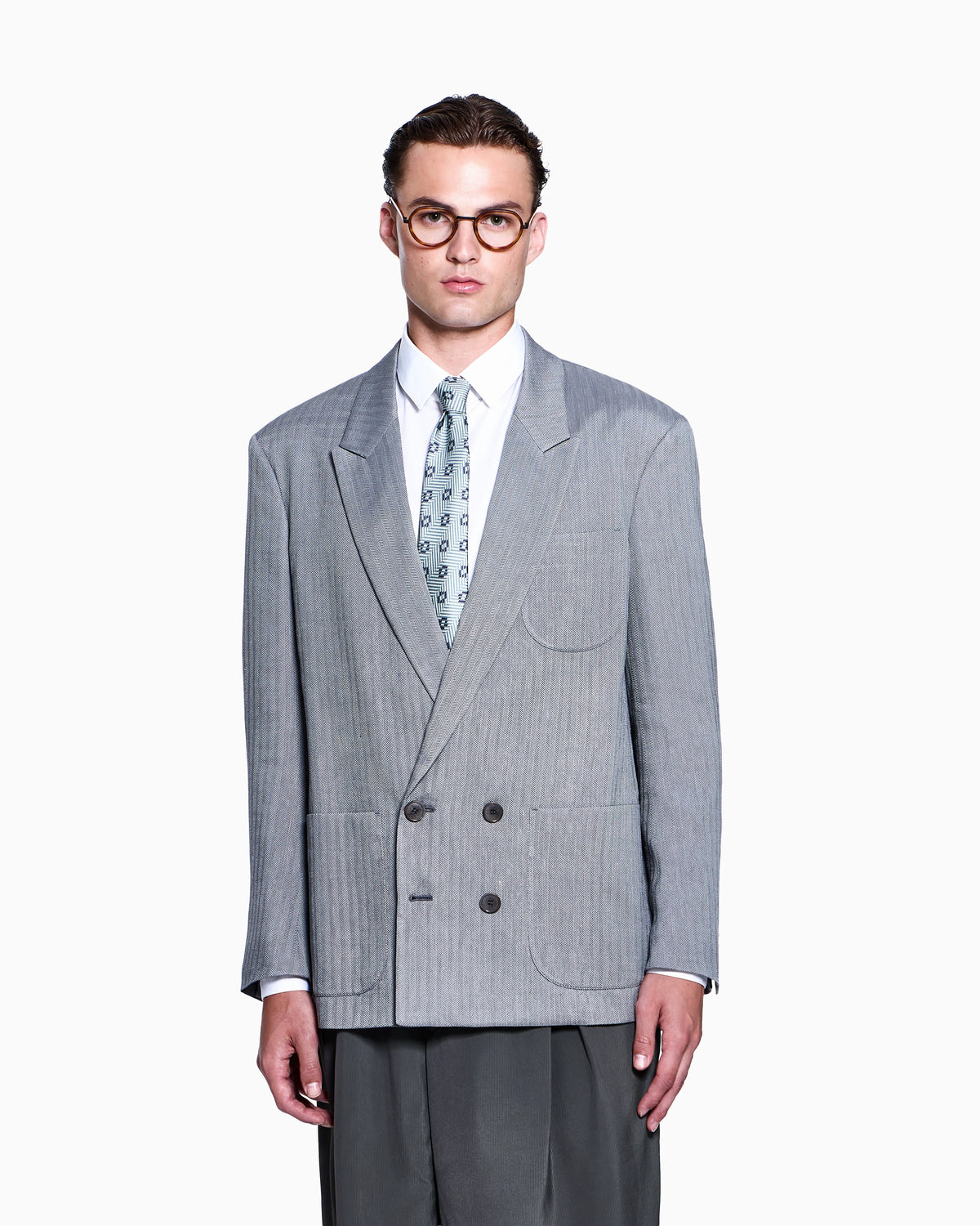 Double-breasted jacket in a viscose, linen and silk chevron