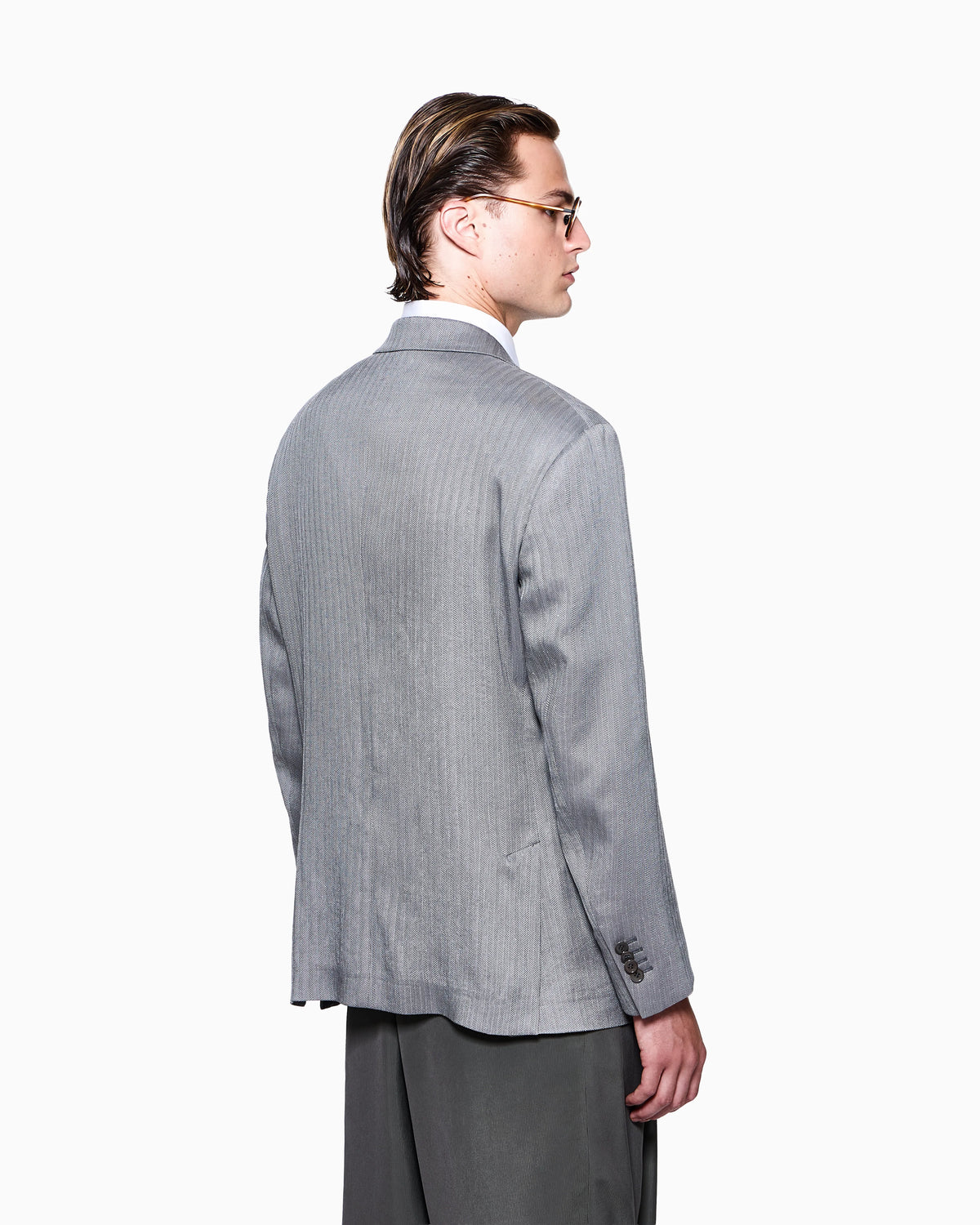 Double-breasted jacket in a viscose, linen and silk chevron