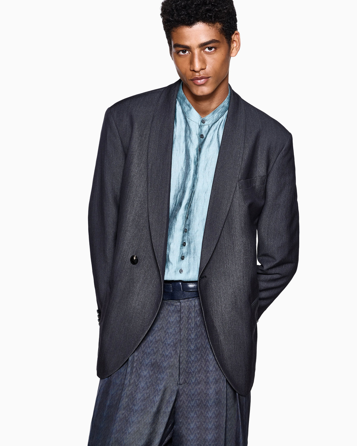 Single-breasted jacket in denim-effect virgin wool, abaca and silk