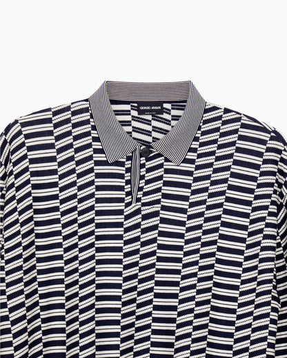 Long-sleeved polo shirt in viscose and virgin wool jacquard
