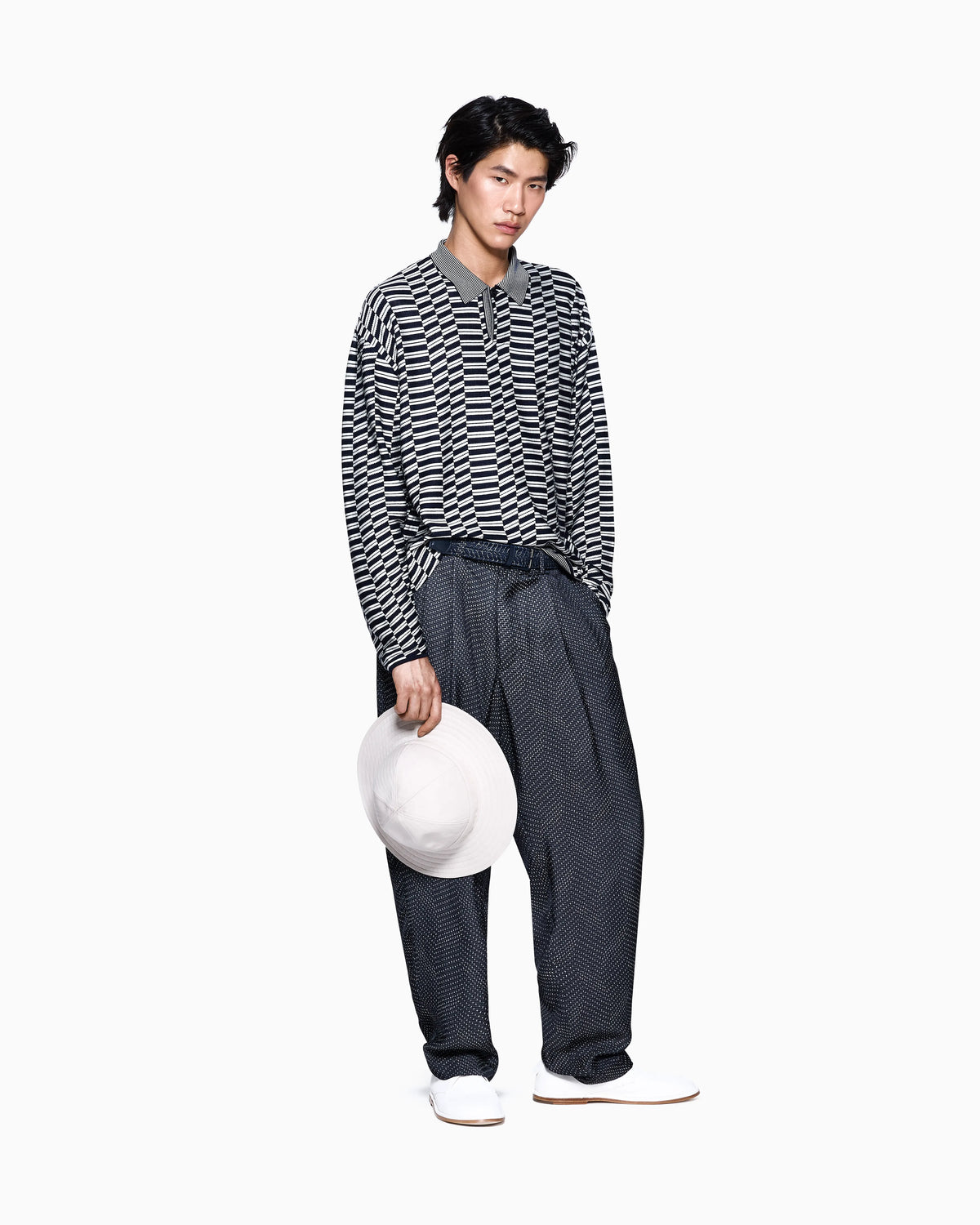 Long-sleeved polo shirt in viscose and virgin wool jacquard