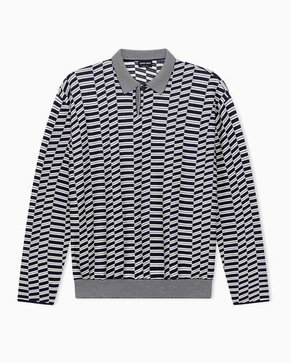 Long-sleeved polo shirt in viscose and virgin wool jacquard