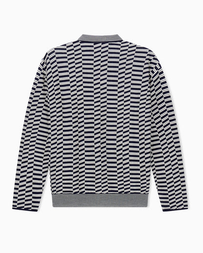 Long-sleeved polo shirt in viscose and virgin wool jacquard