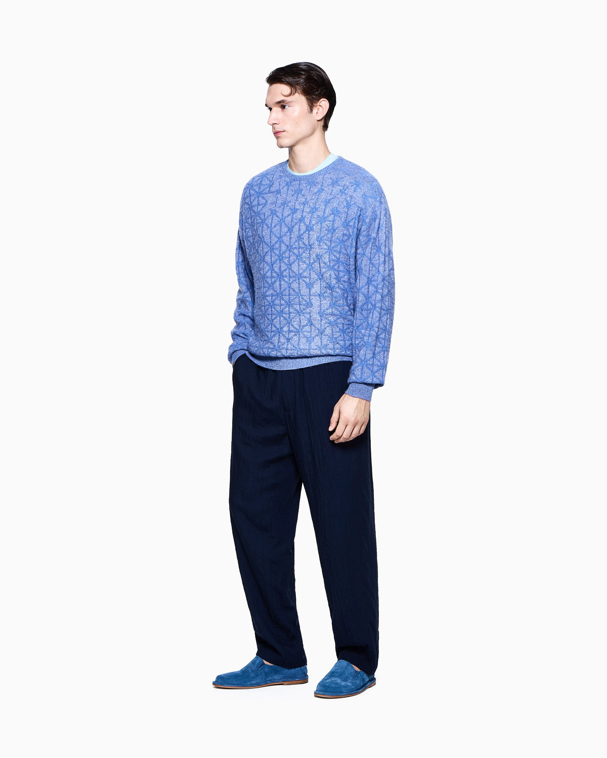 Crew-neck jumper in jacquard virgin wool and cashmere