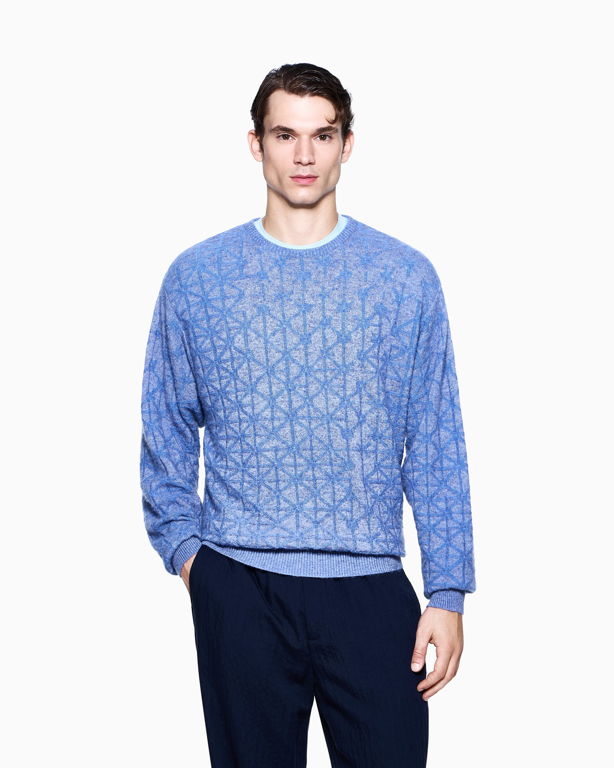 Crew-neck jumper in jacquard virgin wool and cashmere