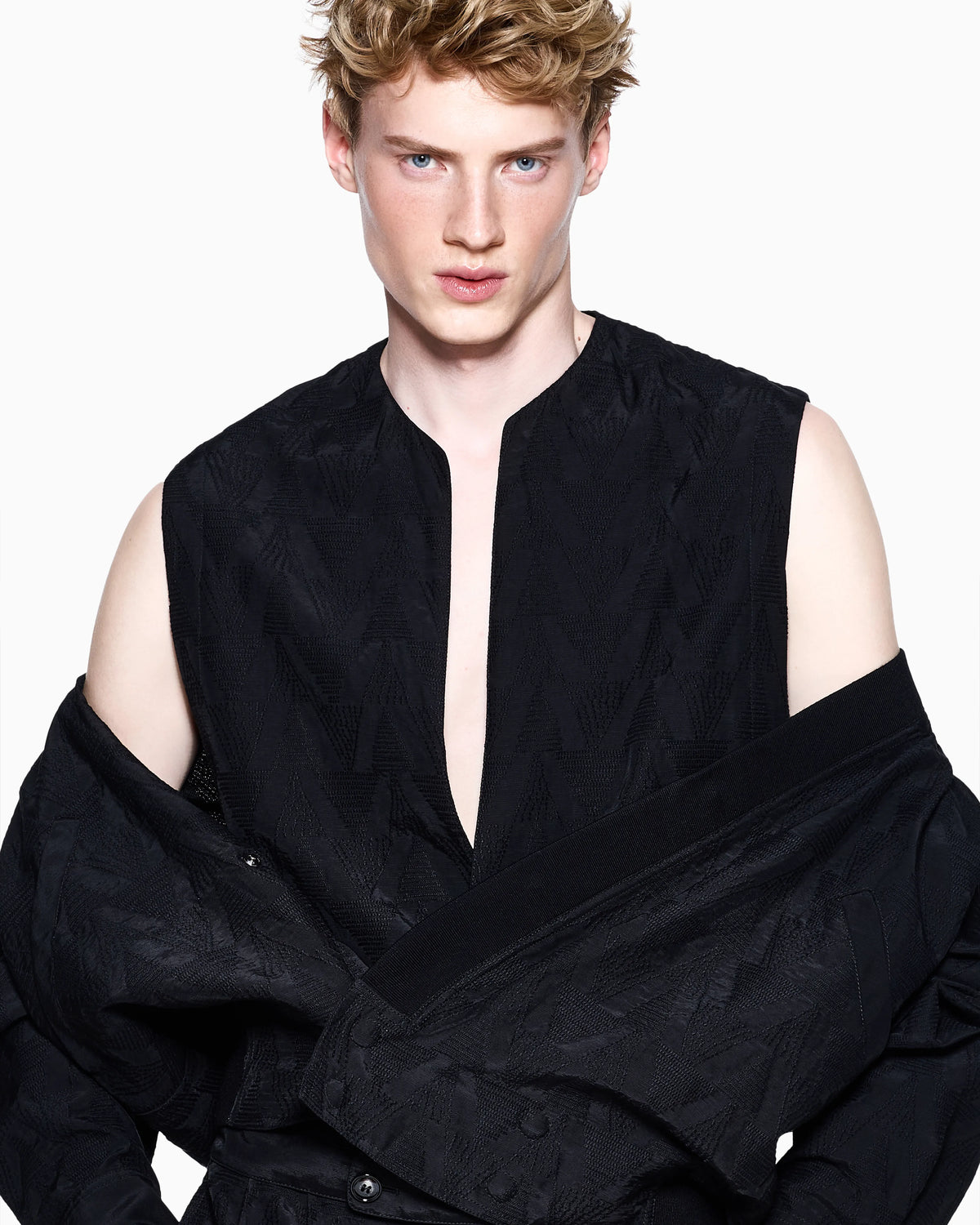 Linen blend blouson with chevron embroidery