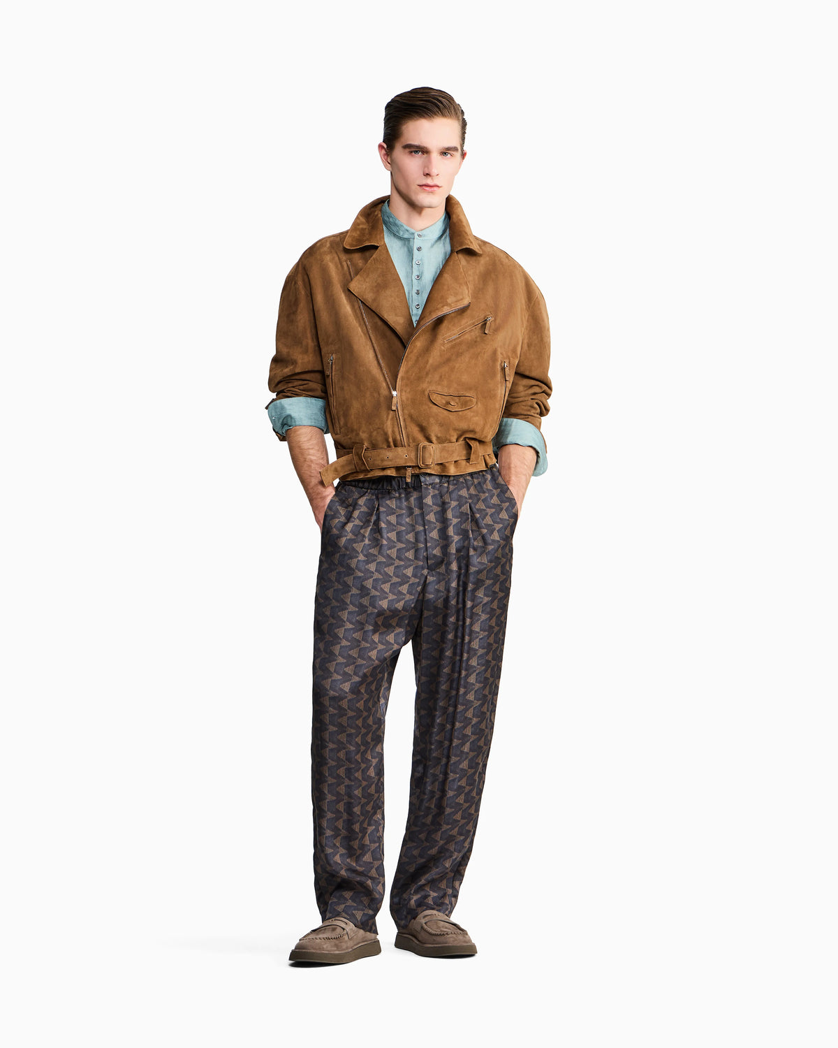 Single-pleat trousers in geometric-print cupro canvas