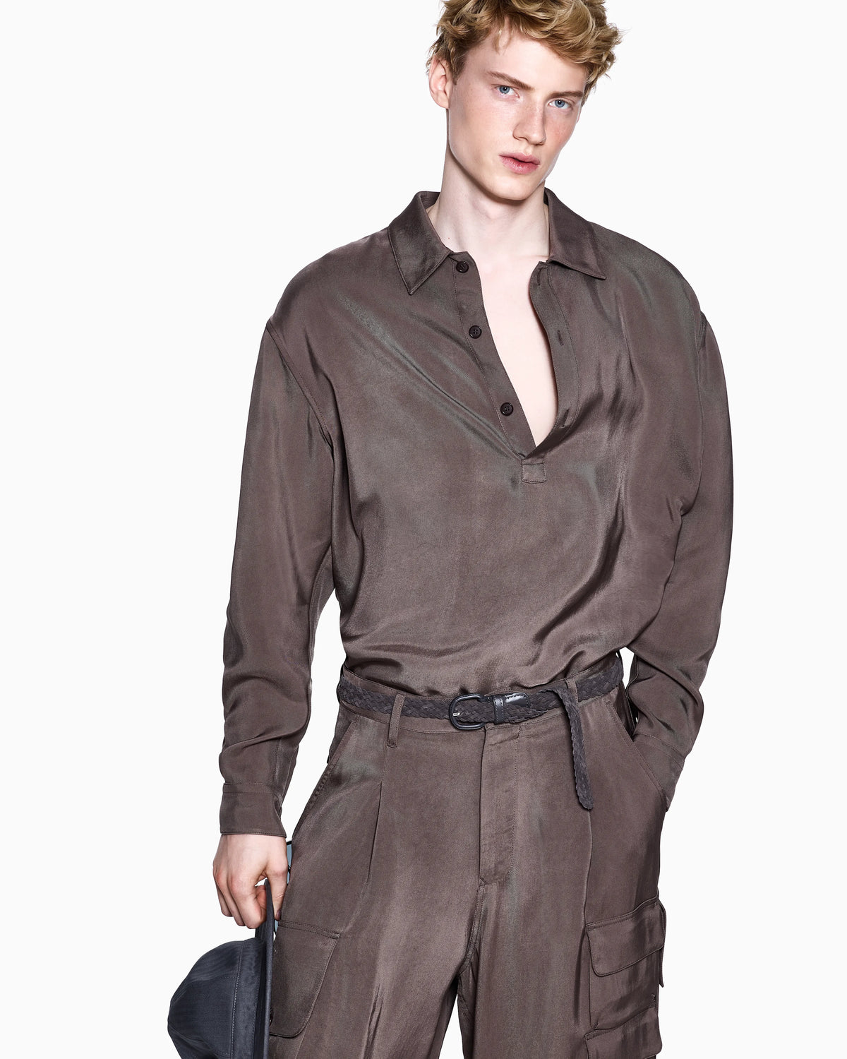 Faded viscose twill polo collar shirt
