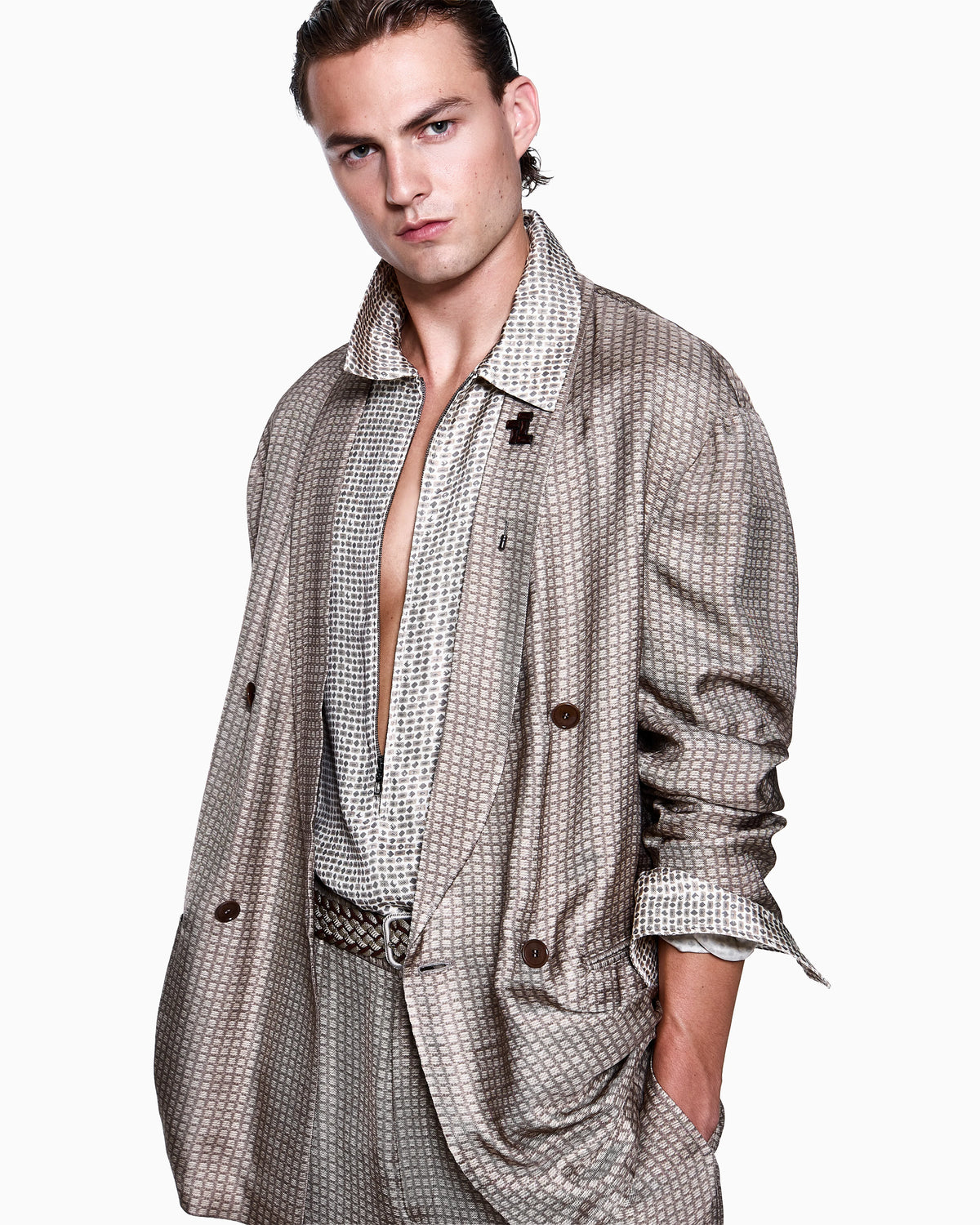 Printed viscose crépon shirt with zip