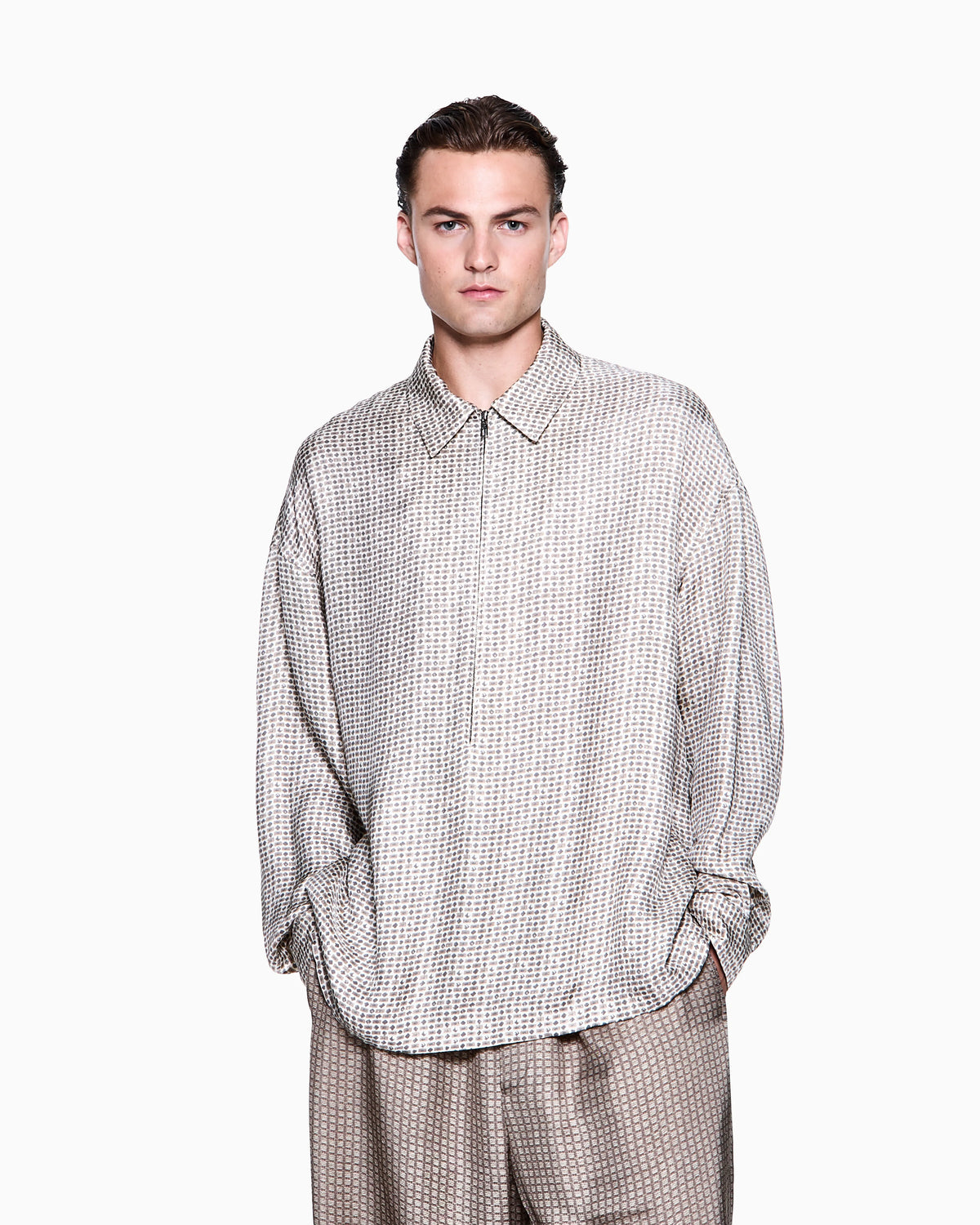 Printed viscose crépon shirt with zip