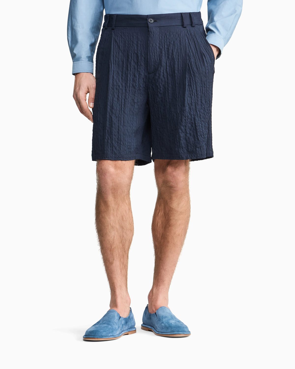 Double-pleat Bermuda shorts in Lyocell and silk froissé