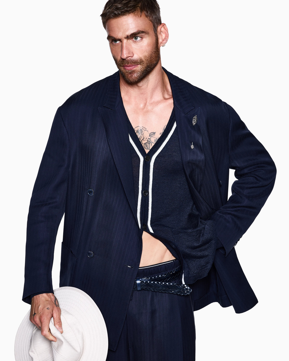 Cupro chevron double-breasted suit