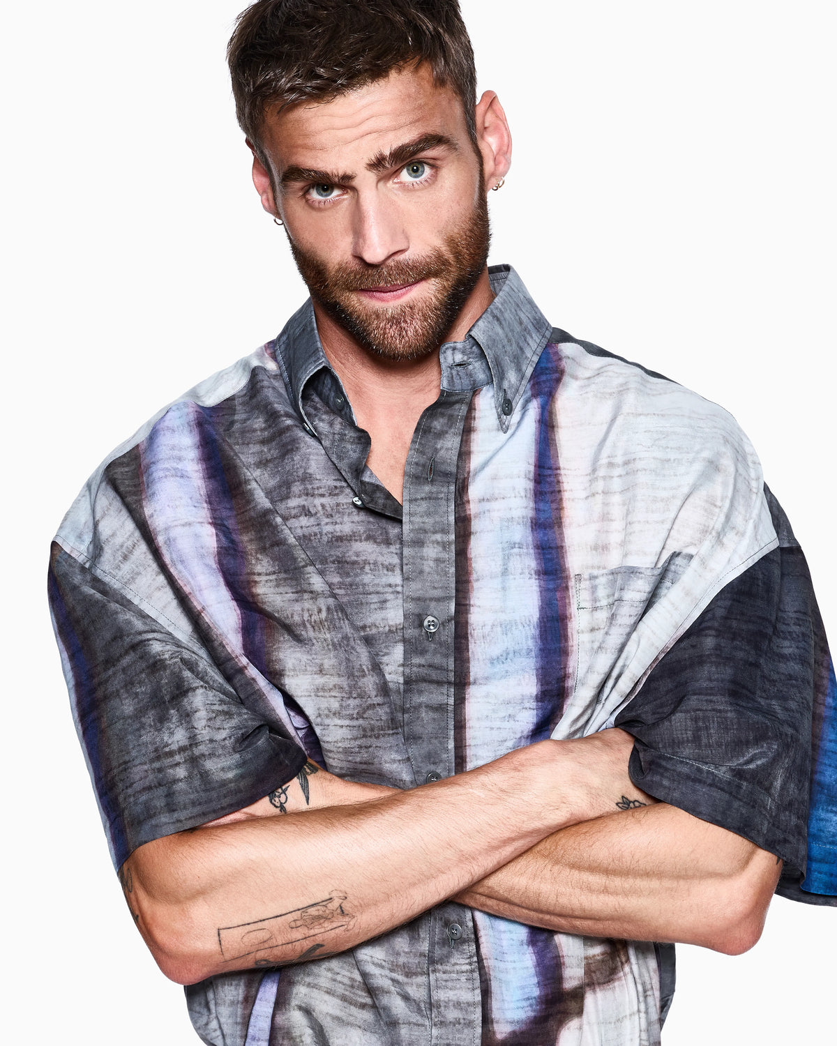 Printed cotton and silk short-sleeved shirt