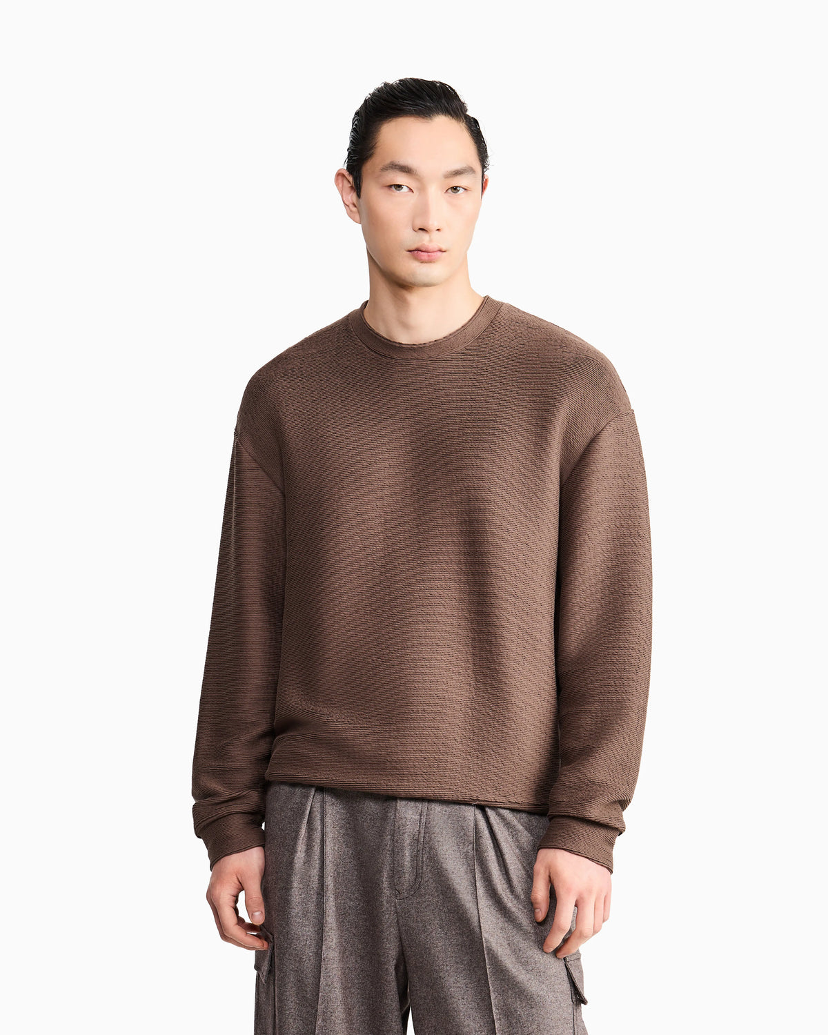 Sweatshirt in textured cotton jersey with tubular flounces