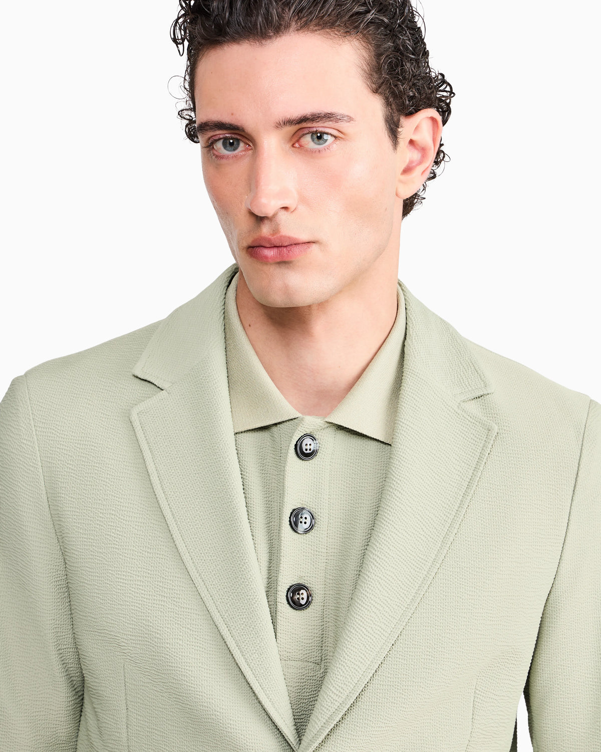 Single-breasted jacket in technical seersucker jersey with patch pockets