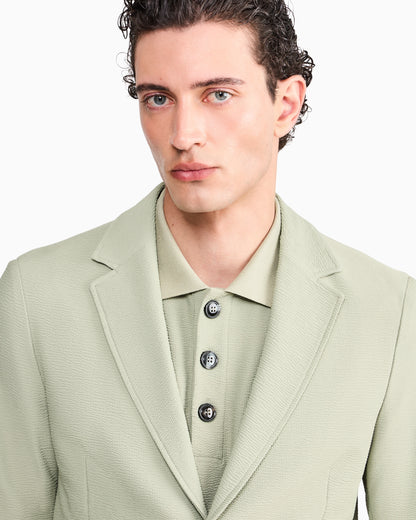 Single-breasted jacket in technical seersucker jersey with patch pockets