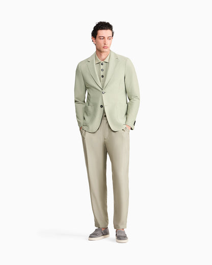Single-breasted jacket in technical seersucker jersey with patch pockets