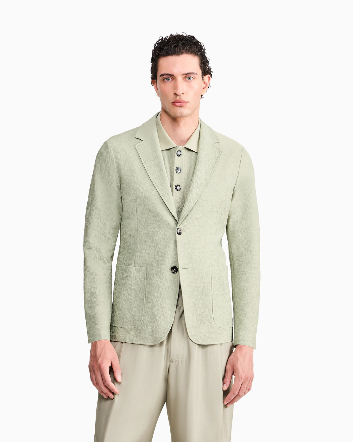 Single-breasted jacket in technical seersucker jersey with patch pockets