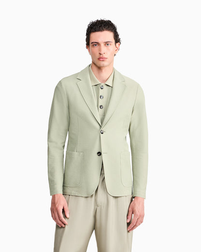 Single-breasted jacket in technical seersucker jersey with patch pockets