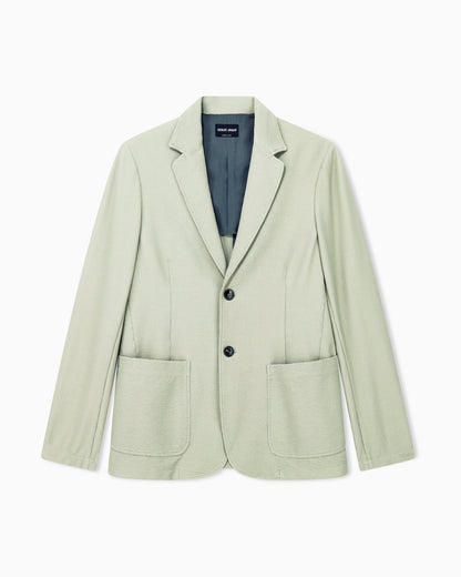 Single-breasted jacket in technical seersucker jersey with patch pockets