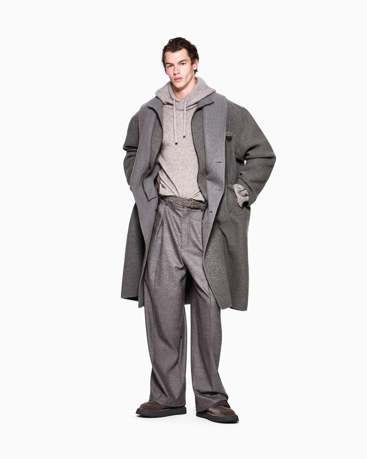 Trousers oversized in denim-effect wool and cashmere