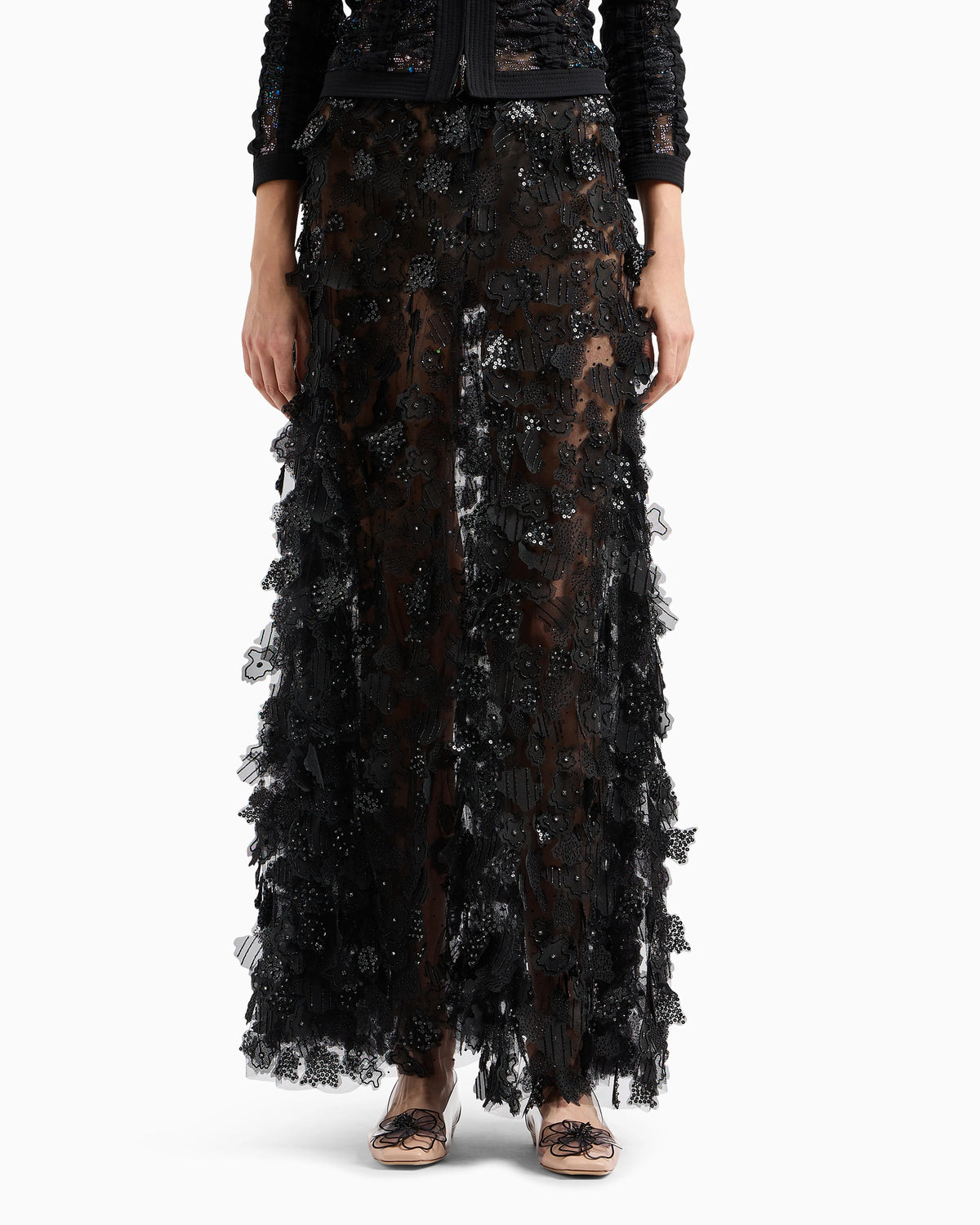 Embroidered tulle long skirt
