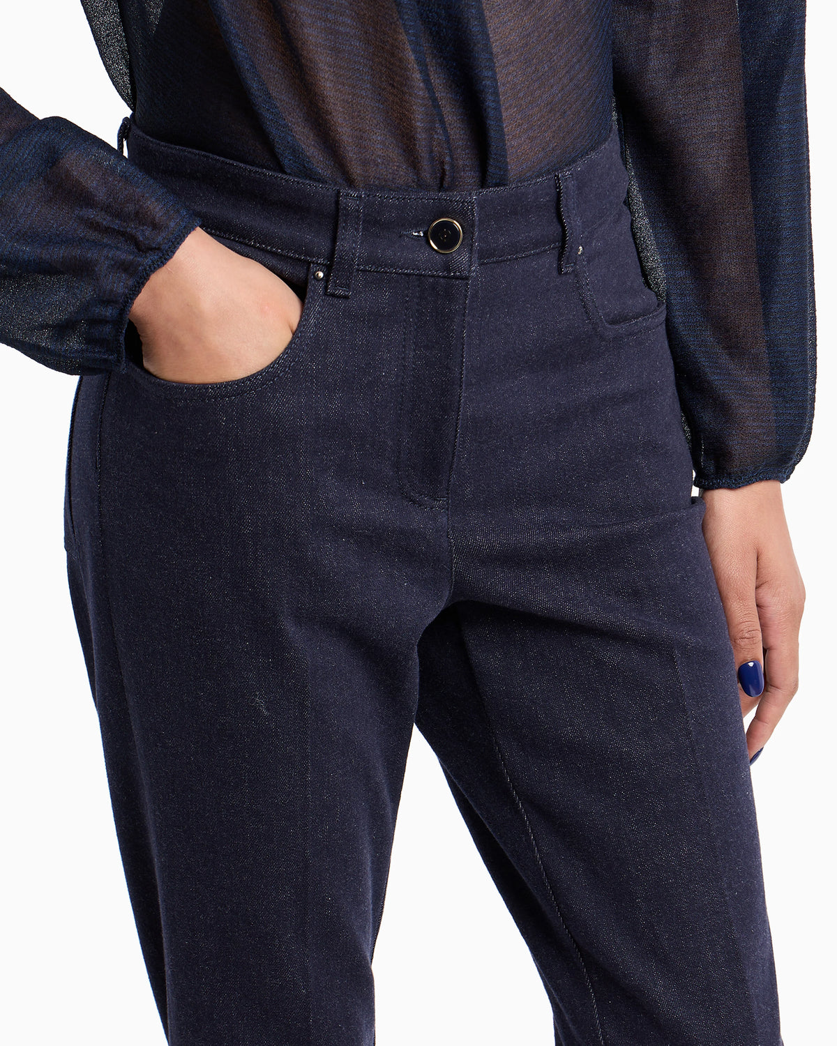 Denim trousers with high waist and flared hem
