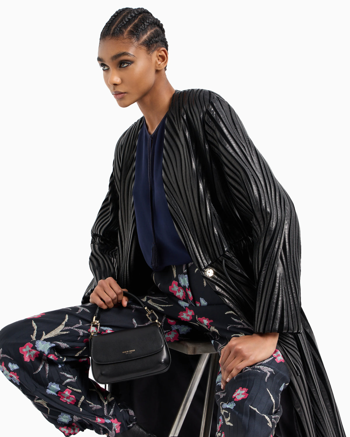 Embroidered nappa leather and velvet coat