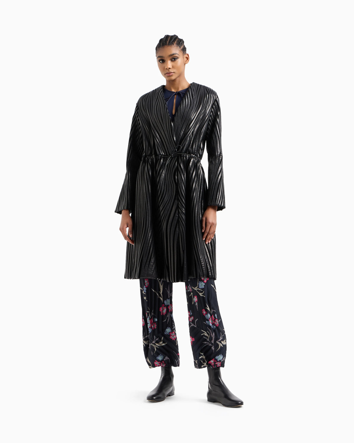 Embroidered nappa leather and velvet coat