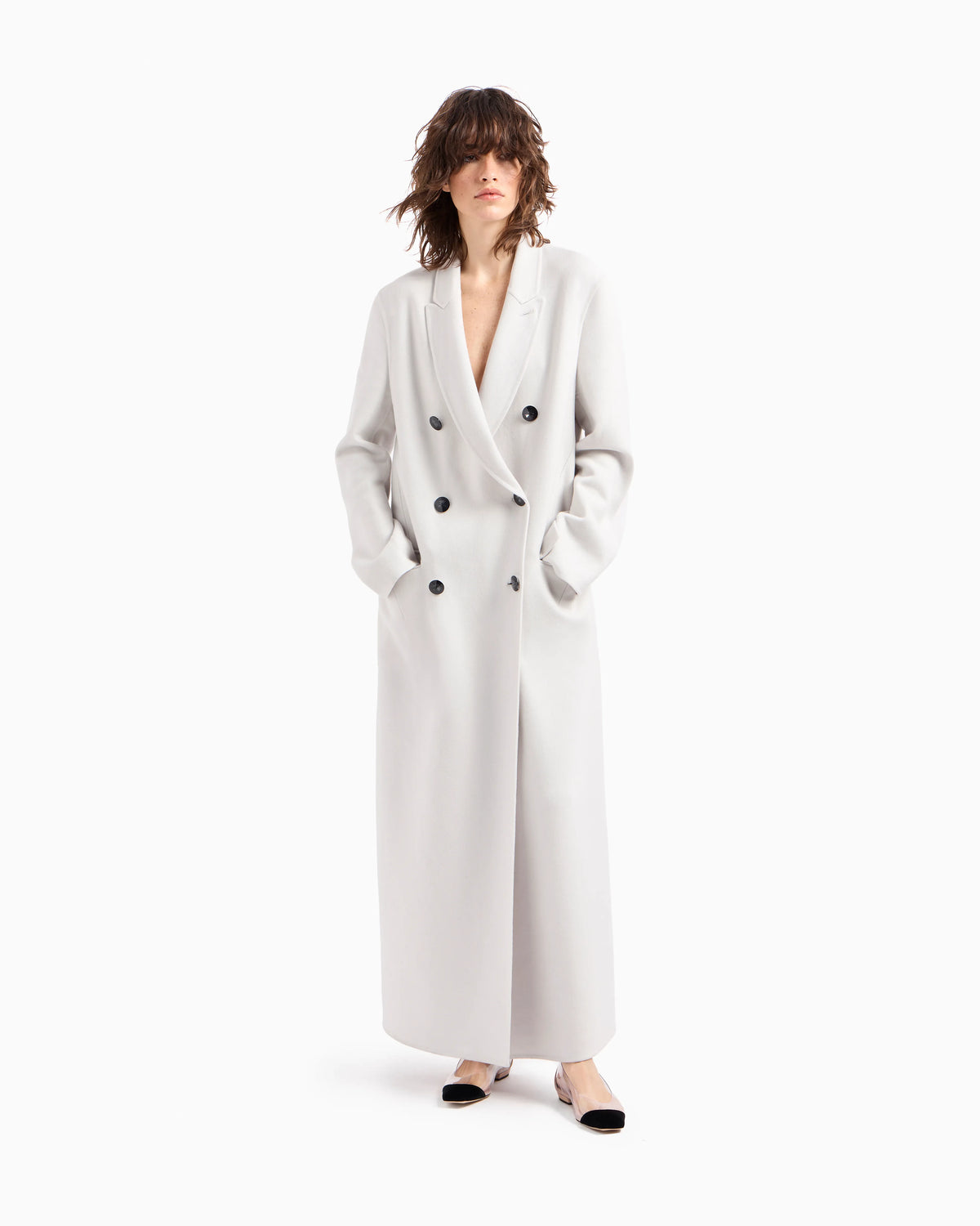 Double-breasted long coat in double cashmere