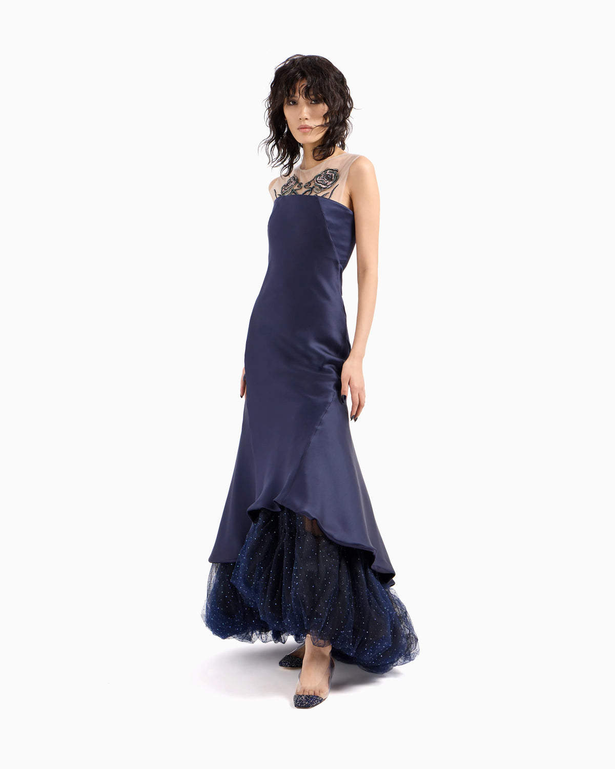 Long bustier dress in silk and embroidered tulle