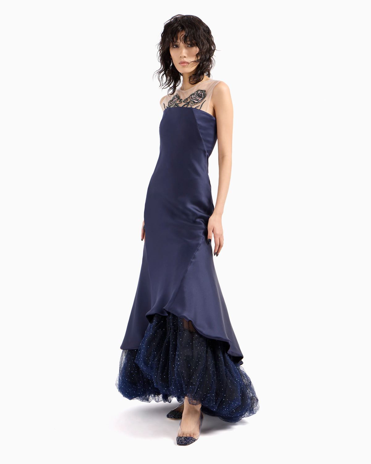 Long bustier dress in silk and embroidered tulle