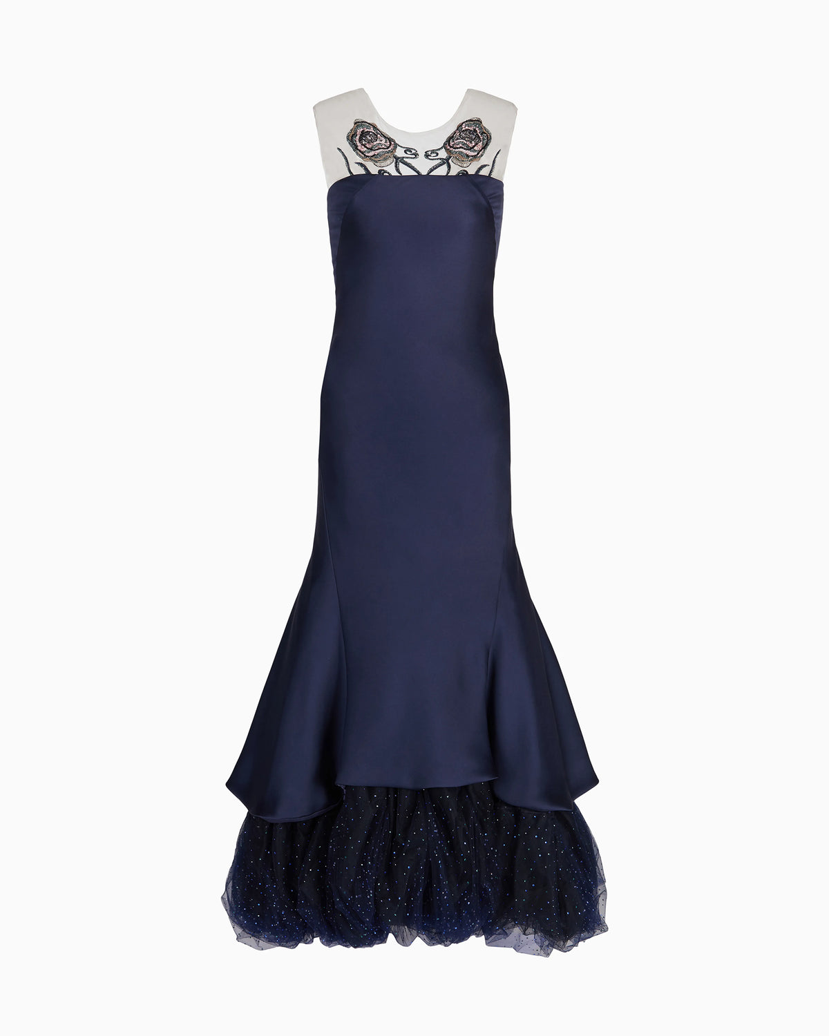 Long bustier dress in silk and embroidered tulle