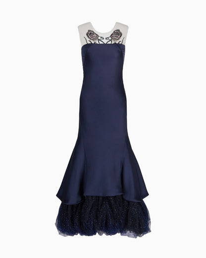 Long bustier dress in silk and embroidered tulle