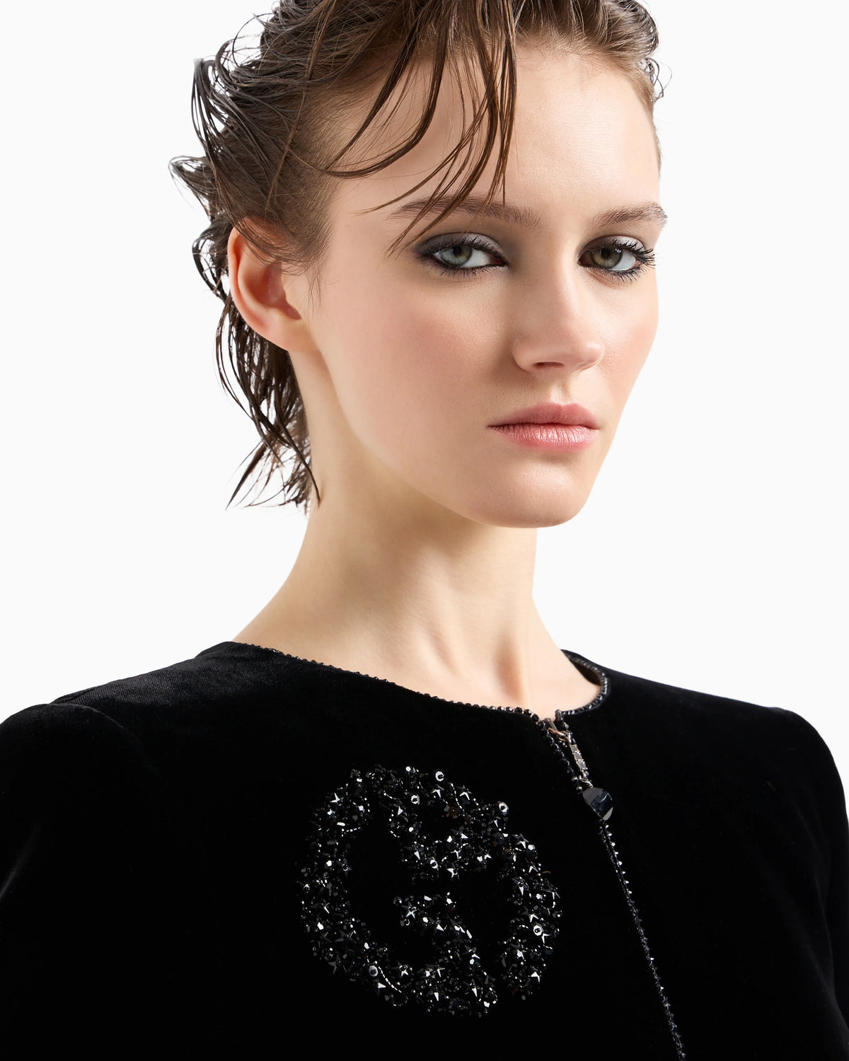 Velvet zip-up jacket with bow detail and embroidery