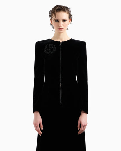 Velvet zip-up jacket with bow detail and embroidery