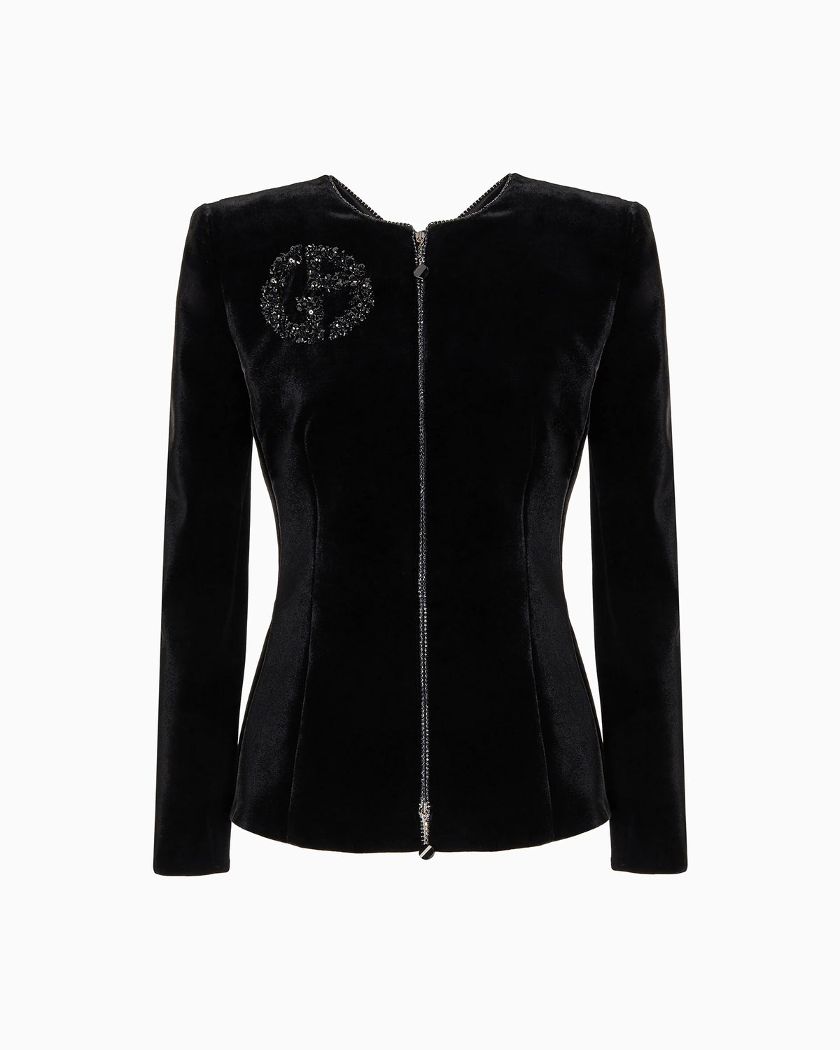 Velvet zip-up jacket with bow detail and embroidery
