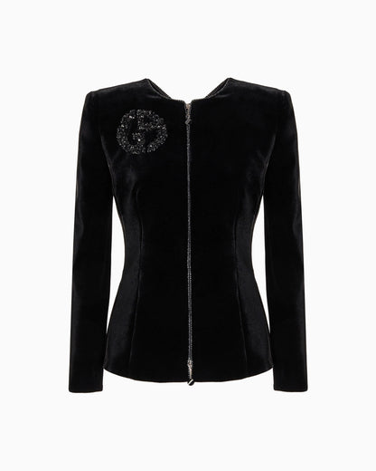 Velvet zip-up jacket with bow detail and embroidery
