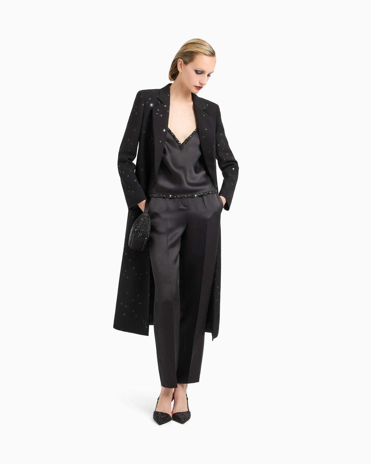Silk cady long coat with glitter motif